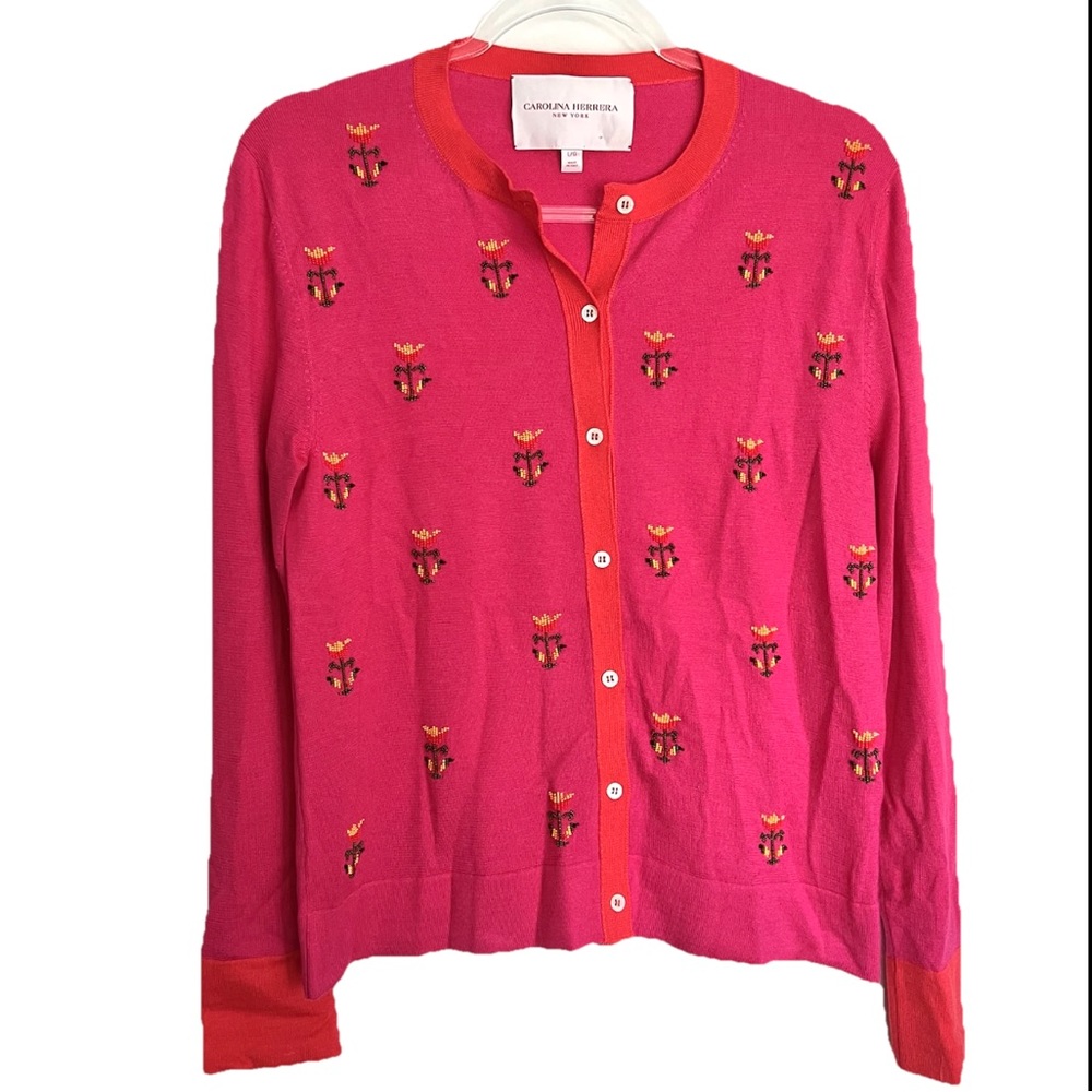 Carolina Herrera Beaded Rose Floral Cashmere Silk Pink Button Cardigan Sweater L